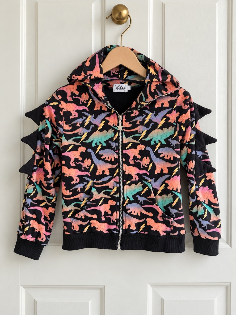Lola + The Boys Dinosaur Spiked Zip Hoodie Size 10 Dino Lightning